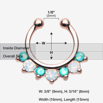 Detail View 1 of Rose Gold Opal Sparkle Deuce Fake Septum Clip-On Ring-Teal/White